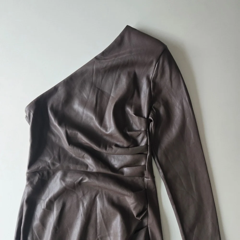 Express Brown One Shoulder Faux Leather Mini Dress